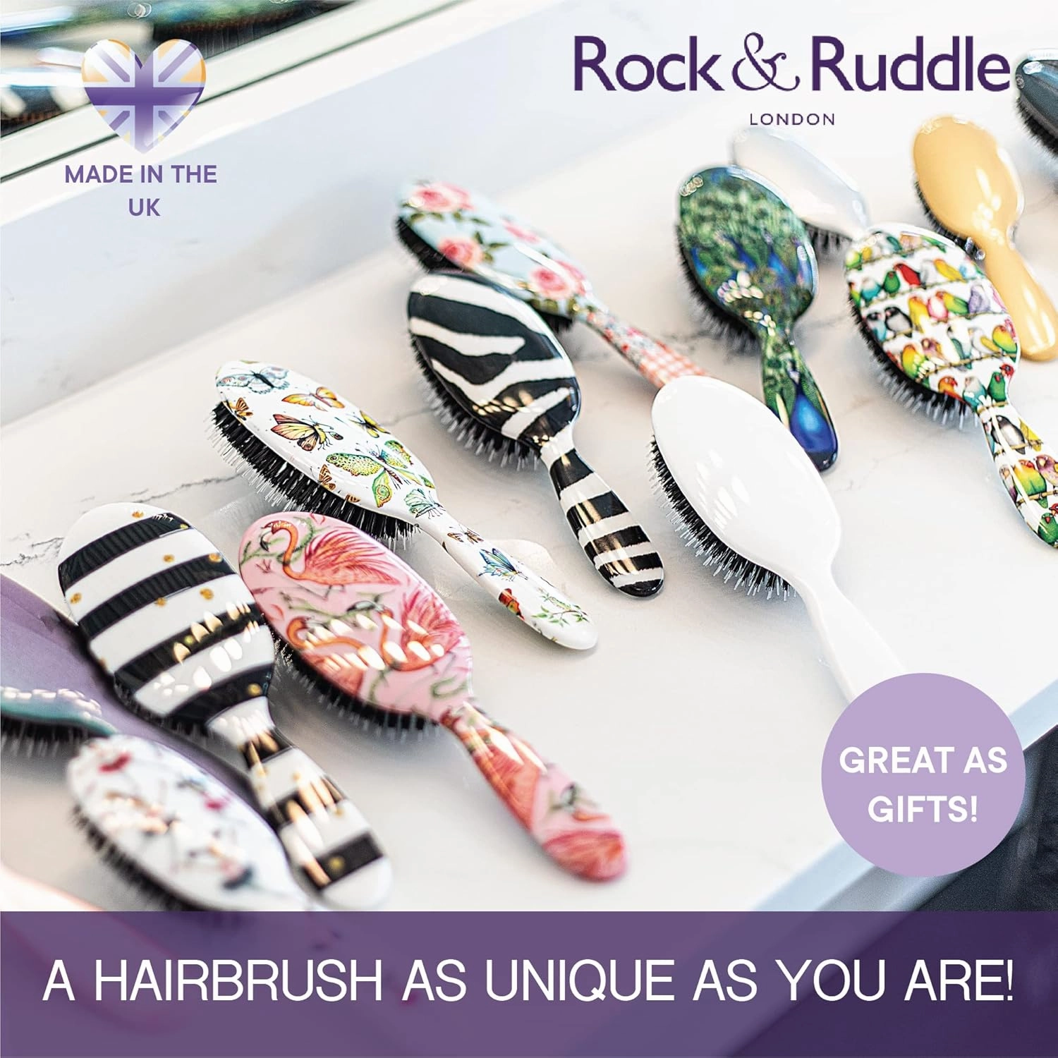 Rock & Ruddle Natural Mixed Boar Bristle Hair Brush for Women and Kids (Small 6.9") - Perfect for Wet or Dry Hair, Detangling Smoothing Blowdrying - Designed & Made in UK - Tickled Pink Design