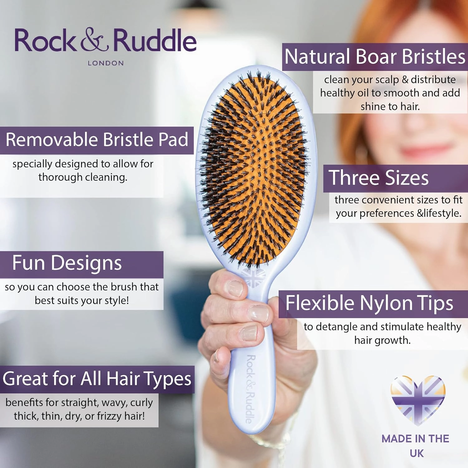 Rock & Ruddle Natural Mixed Boar Bristle Hair Brush for Women and Kids (Small 6.9") - Perfect for Wet or Dry Hair, Detangling Smoothing Blowdrying - Designed & Made in UK - Tickled Pink Design