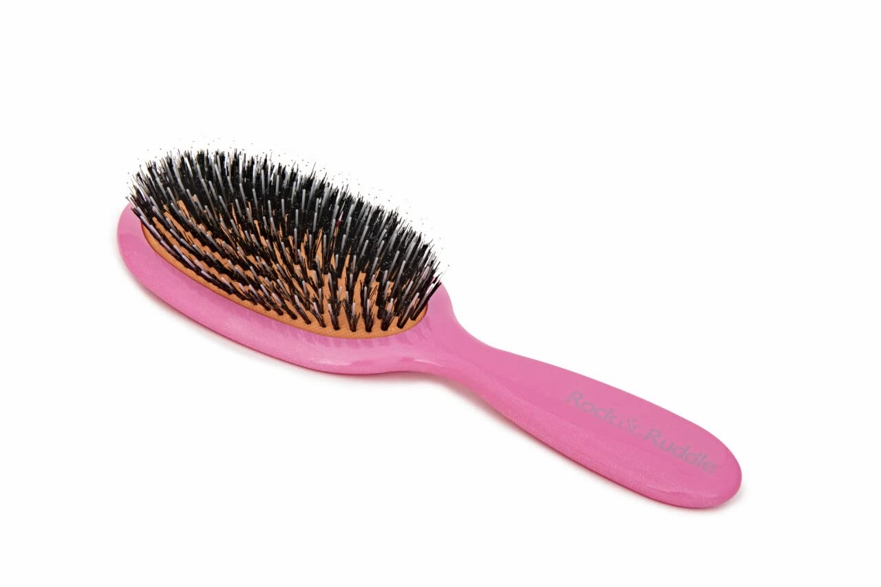 Rock & Ruddle Natural Mixed Boar Bristle Hair Brush for Women and Kids (Small 6.9") - Perfect for Wet or Dry Hair, Detangling Smoothing Blowdrying - Designed & Made in UK - Tickled Pink Design