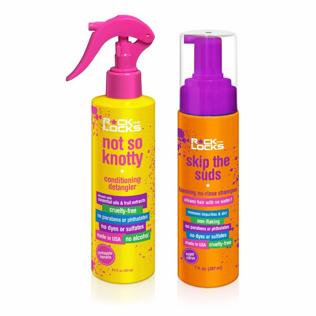 Rock the Locks | Pineapple Banana Conditioning Detangler & Foaming Rinse-free Shampoo Bundle for Kids | 7 fl. oz | Conditions & Detanglers, No Parabens or Phthalates or Sulfates, Cruelty-free
