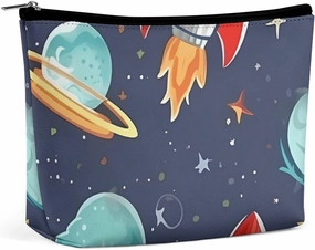 Rocket Clipart Space Ship Makeup Bag for Women Portable Travel Toiletry Pouch, PU Leather Cosmetic Bag with Zipper