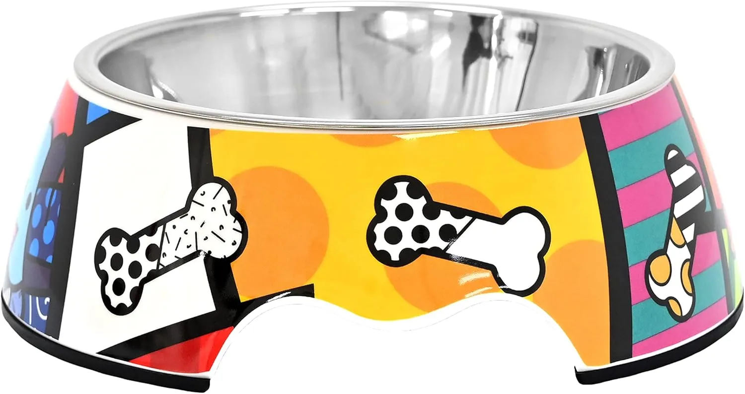 Romero Britto Pet Bowl - Artsy & Washable Food-Grade Stainless Steel Dish for Dogs & Cats, Dog Landscape, Perfect Portion for Food & Water, Great for Small, Medium, Large Breeds (Medium)