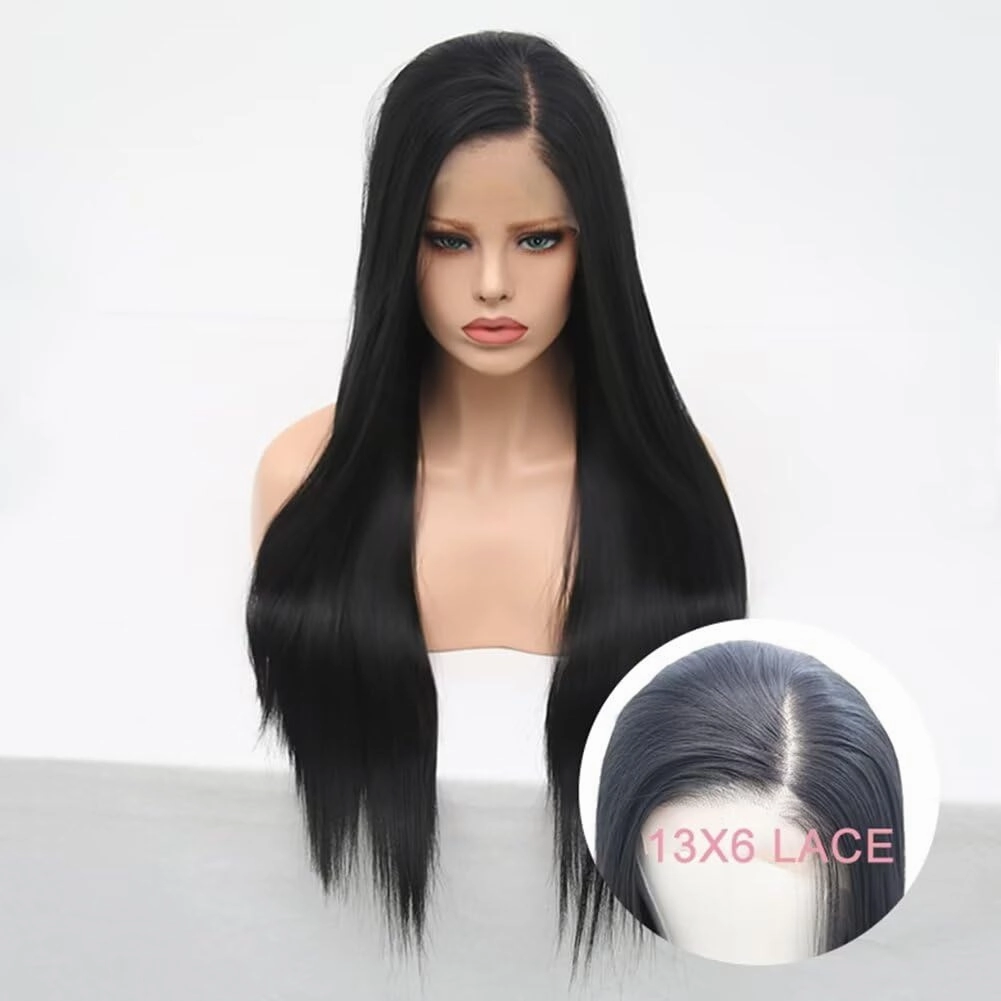 RONGDUOYI 13X6 Lace Front Wigs for Women Black Long Silky Straight Synthetic Hair Glueless Natural Hairline Daily Use Cosplay Wig