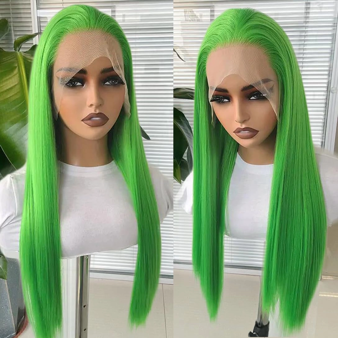 RONGDUOYI New Green Long Straight Wig for Women 13x6 Lace Front Wig Free Part Synthetic Hair Glueless Natural Hairline