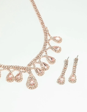 Rose Gold Teardrop Diamante Necklace & Earrings Set