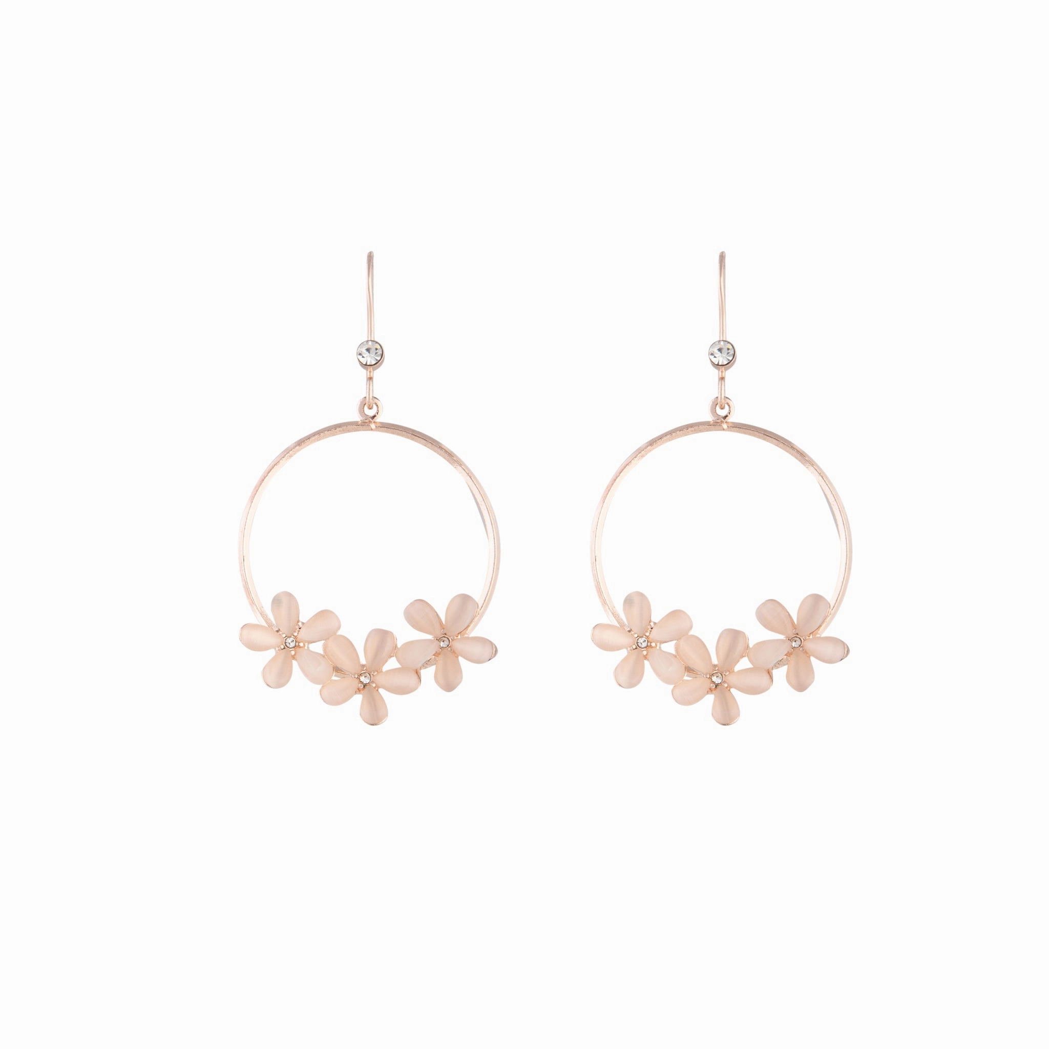 Rose Gold Triple Flower Hoop Drop Earrings
