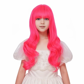 Rose Red Wig for Girls Kids Long Hot Pink Wig Neon Pink Wavy Curly Wigs with Flat Bangs for Children Heat Resistant Synthetic Hair Wigs with Cap