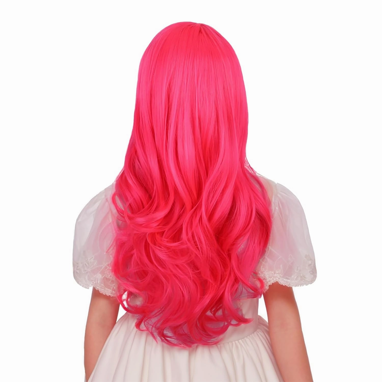 Rose Red Wig for Girls Kids Long Hot Pink Wig Neon Pink Wavy Curly Wigs with Flat Bangs for Children Heat Resistant Synthetic Hair Wigs with Cap