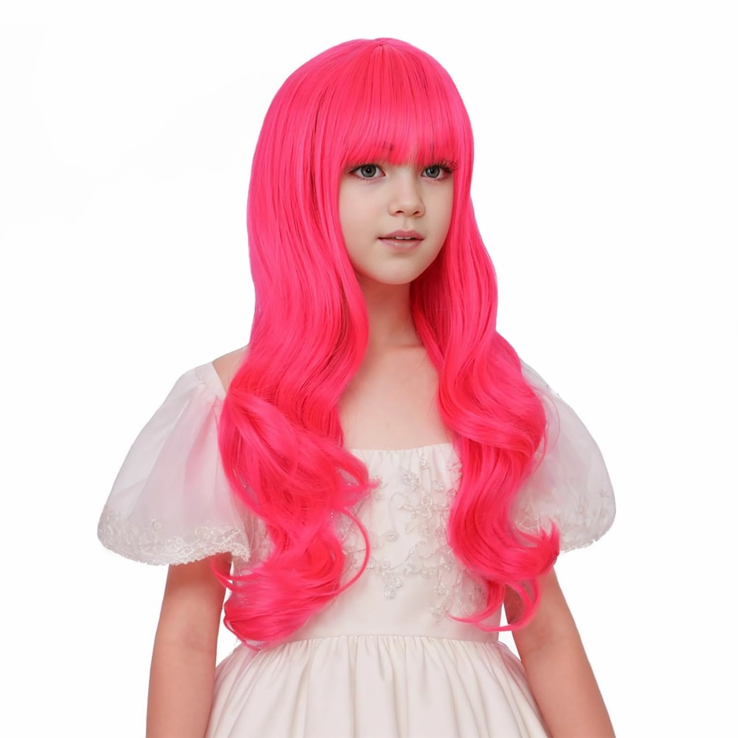 Rose Red Wig for Girls Kids Long Hot Pink Wig Neon Pink Wavy Curly Wigs with Flat Bangs for Children Heat Resistant Synthetic Hair Wigs with Cap