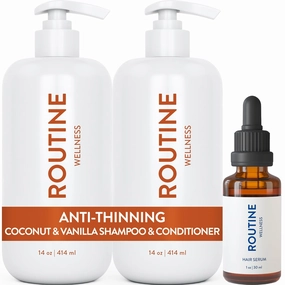 Routine Wellness Shampoo and Conditioner Set and Hair Serum for Stronger Hair - Biotin | Color Safe | Sulfate-Free | Vegan | Clinically Tested | Nourishing Oils and Vitamins - Coconut & Vanilla