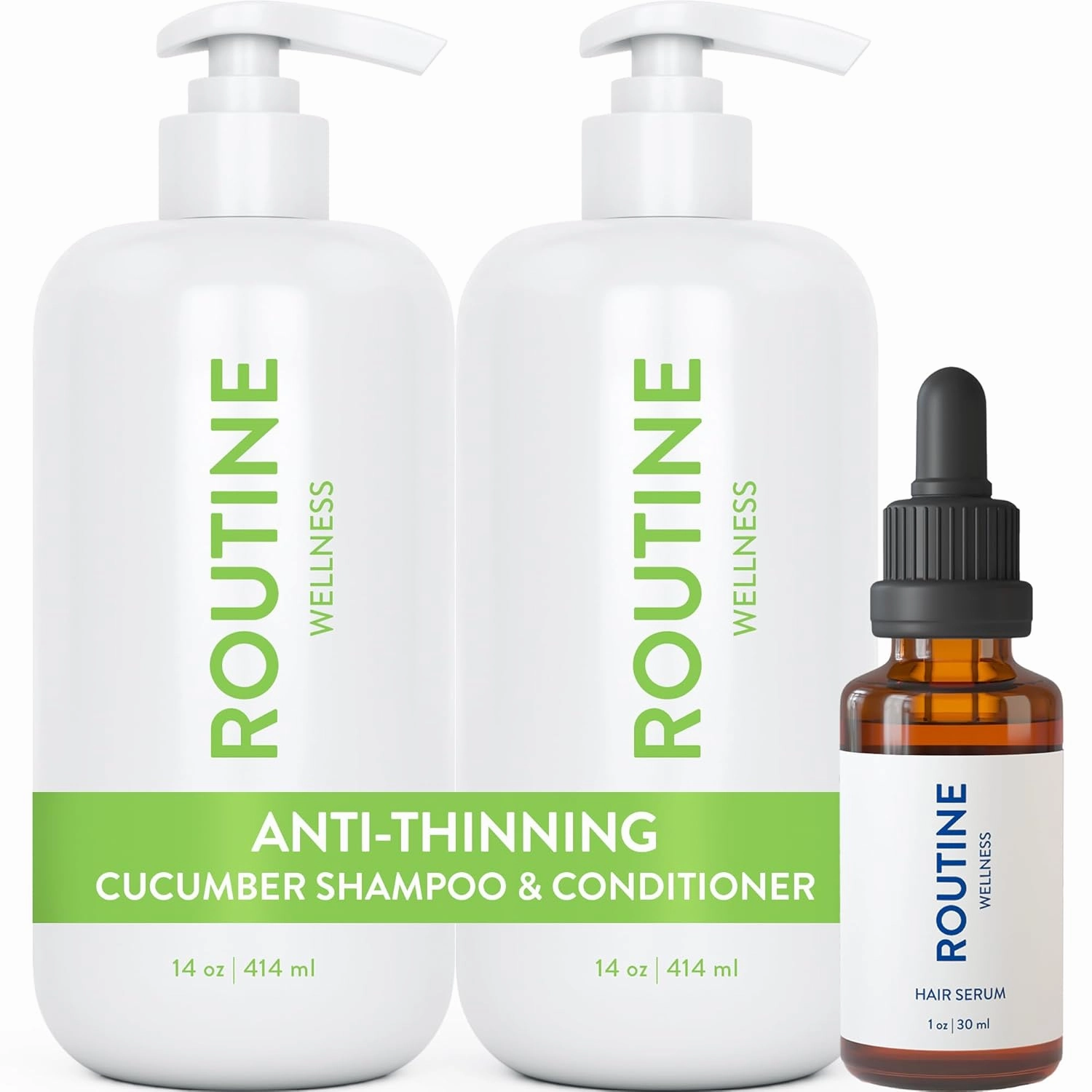 Routine Wellness Shampoo and Conditioner Set and Hair Serum for Stronger Hair - Biotin | Color Safe | Sulfate-Free | Vegan | Clinically Tested | Nourishing Oils and Vitamins - Cucumber