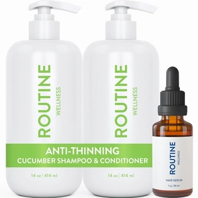 Routine Wellness Shampoo and Conditioner Set and Hair Serum for Stronger Hair - Biotin | Color Safe | Sulfate-Free | Vegan | Clinically Tested | Nourishing Oils and Vitamins - Cucumber
