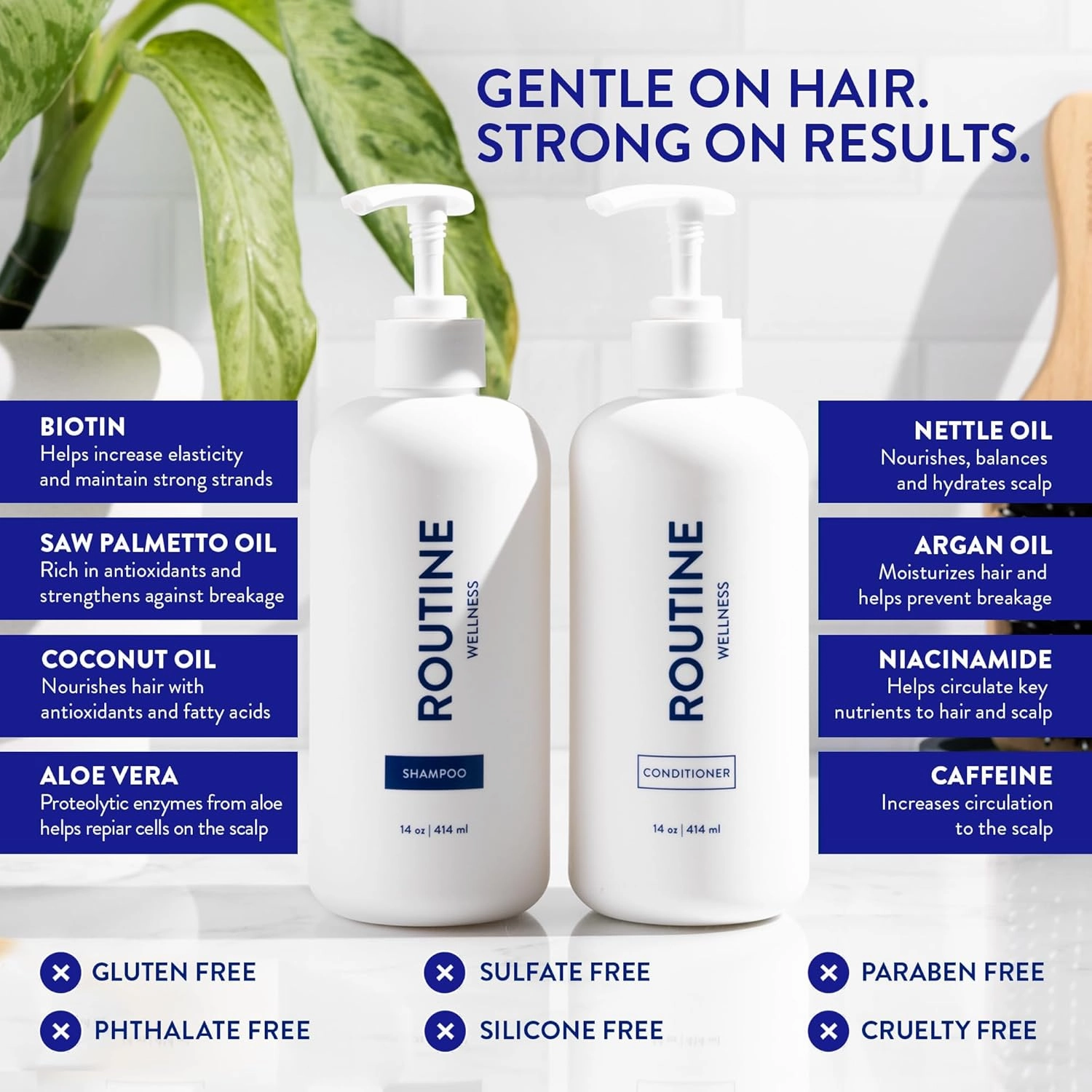 Routine Wellness Shampoo and Conditioner Set and Hair Serum for Thinning Hair - DHT Blocker Women & Men - Color Safe Shampoo for Hair Loss & Healthier Hair - Unscented Set   Serum