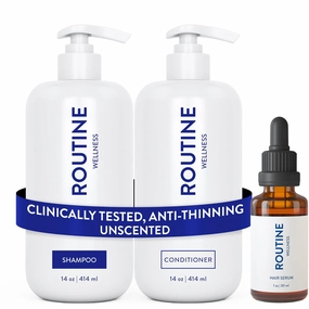 Routine Wellness Shampoo and Conditioner Set and Hair Serum for Thinning Hair - DHT Blocker Women & Men - Color Safe Shampoo for Hair Loss & Healthier Hair - Unscented Set   Serum
