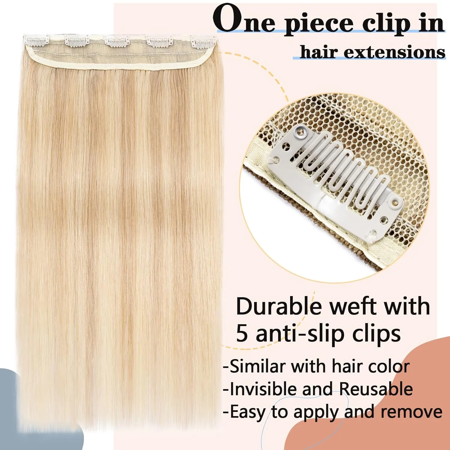 S-noilite One Piece Clip in Hair Extensions Real Human Hair Balayage One Piece/5 Clips 3/4 Full Head One Piece Human Hair Extensions Clip ins One Weft Hair #Ash Blonde/Bleach Blonde 16"-45g
