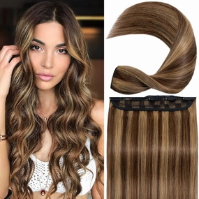 S-noilite Clip in Human Hair Extensions - Balayage One Piece/5 Clips/3/4 Full Head - 100% Human Hair - 10 Inch/40g (#4/27 Medium Brown/Dark Blonde)