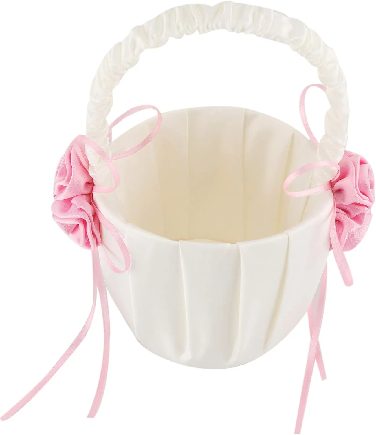 Satin and rose flower decorated wedding flower girl basket.(Height: 8 inches) (Pink)