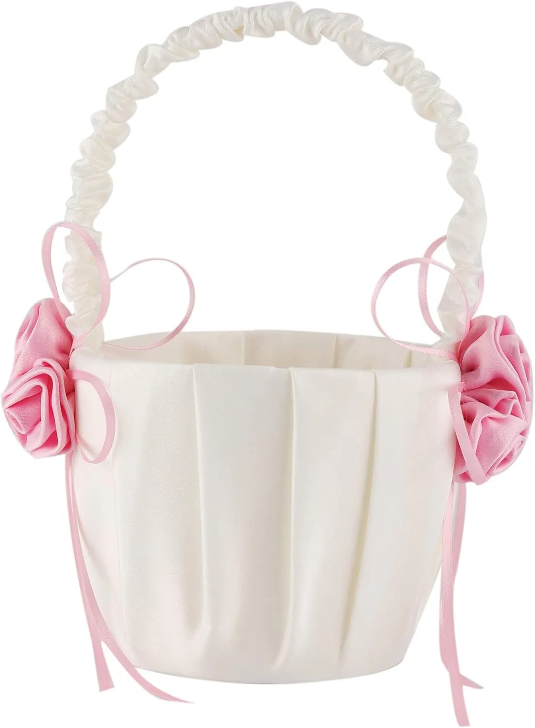 Satin and rose flower decorated wedding flower girl basket.(Height: 8 inches) (Pink)