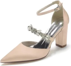 Satin Rhinestones Wedding Shoes for Bride Block Heel Pointed Toe Bridal Heels Women Dress Shoes Pumps