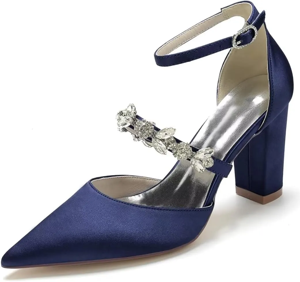 Satin Rhinestones Wedding Shoes for Bride Block Heel Pointed Toe Bridal Heels Women Dress Shoes Pumps