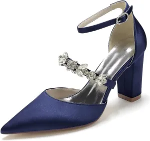 Satin Rhinestones Wedding Shoes for Bride Block Heel Pointed Toe Bridal Heels Women Dress Shoes Pumps