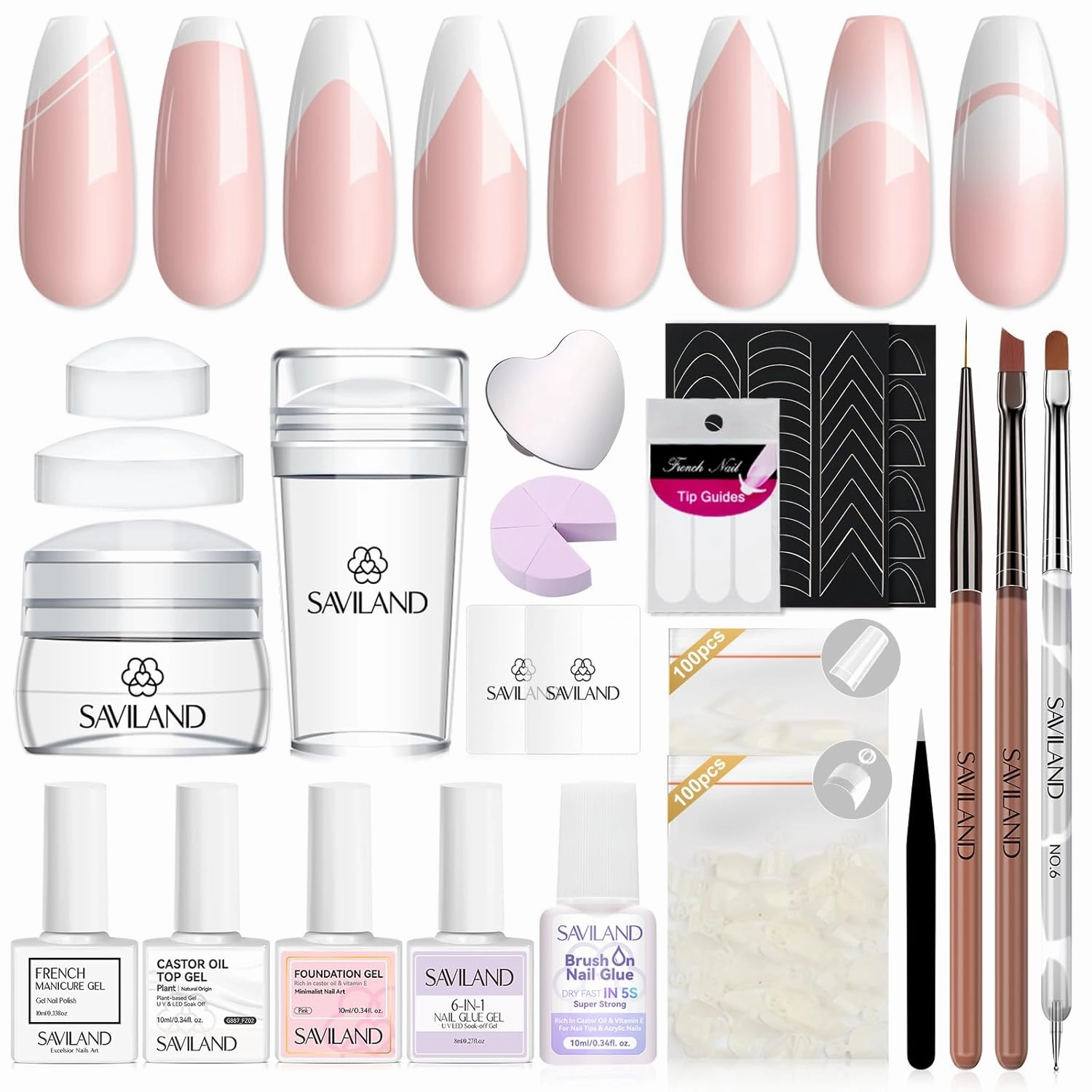 SAVILAND French Manicure Kit with Everything: Silicone French Tip Nail Stamp French Nails for Beginners Easy French Nails Brush Tips Guide Stickers Fast French Tip Tool Acrylic Nail Kit