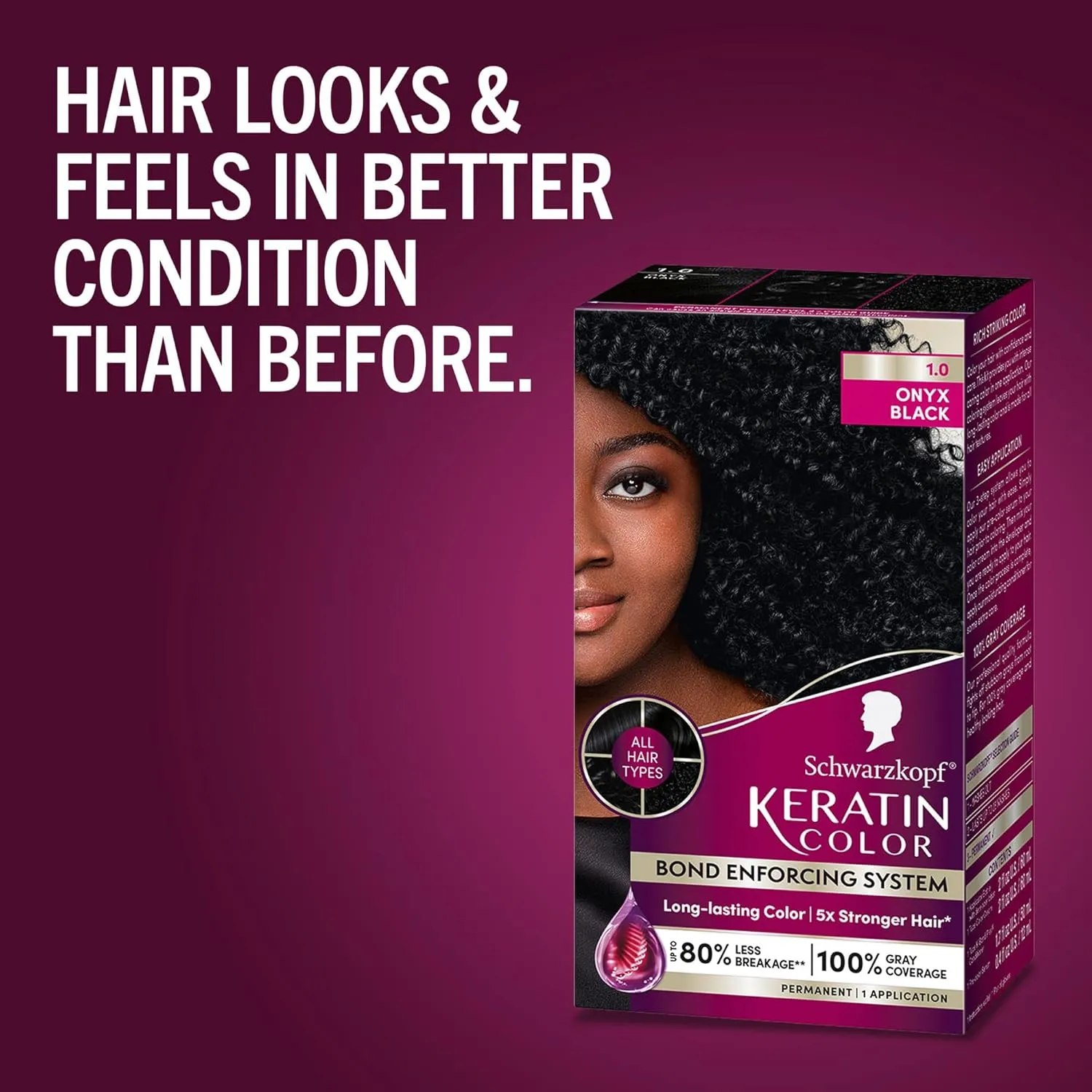 Schwarzkopf Keratin Color Permanent Hair Color, 1.0 Black Onyx, 1 Application - Salon Inspired Permanent Hair Dye, for up to 80% Less Breakage vs Untreated Hair and up to 100% Gray Coverage