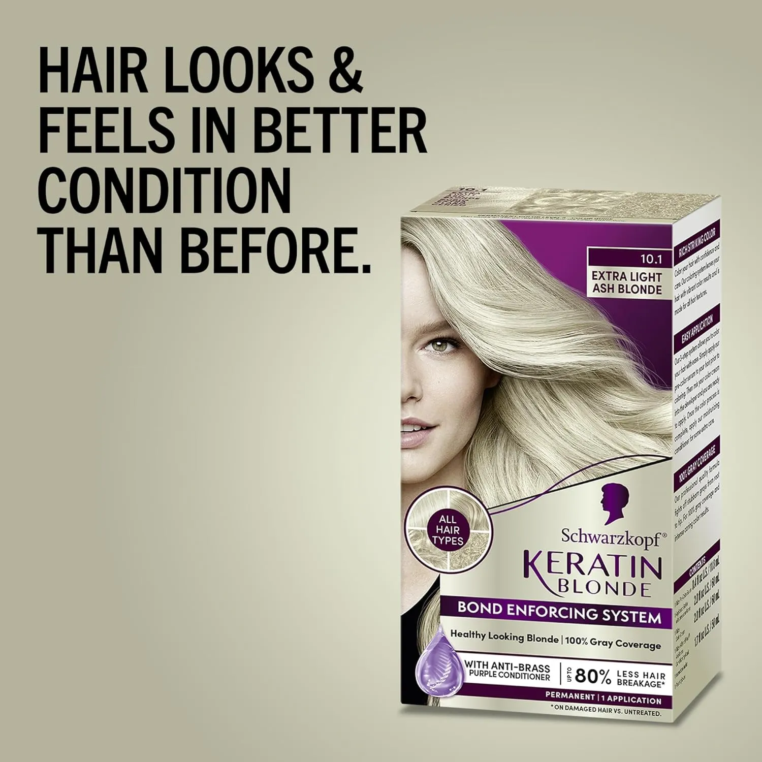 Schwarzkopf Keratin Color Permanent Hair Color, 10.1 Extra Light Ash Blonde, 1 Application-Salon Inspired Permanent Hair Dye, for up to 80% Less Breakage vs Untreated Hair and up to 100% Gray Coverage