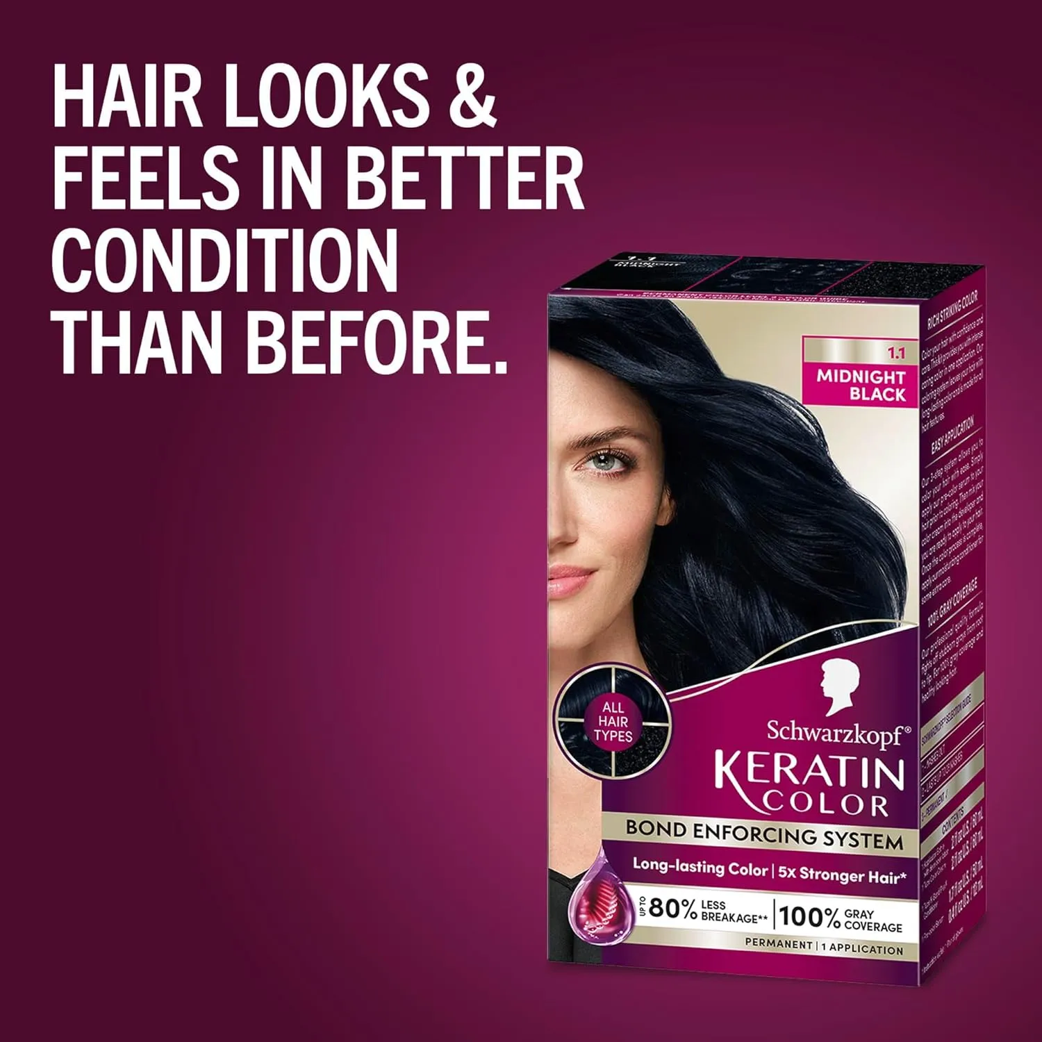 Schwarzkopf Keratin Color Permanent Hair Color, 1.1 Midnight Black, 1 Application-Professionally Inspired Permanent Hair Dye, for up to 80% Less Breakage vs Untreated Hair and up to 100% Gray Coverage