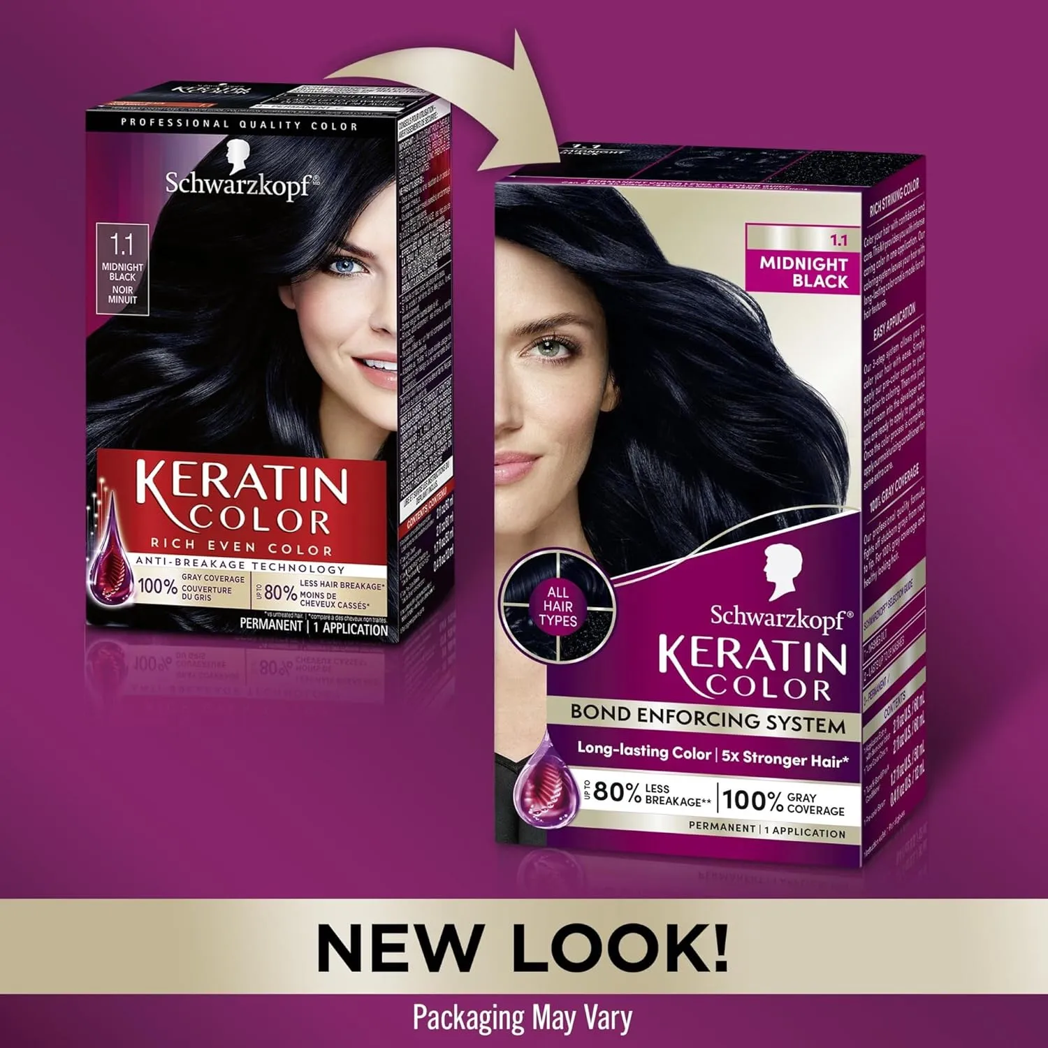 Schwarzkopf Keratin Color Permanent Hair Color, 1.1 Midnight Black, 1 Application-Professionally Inspired Permanent Hair Dye, for up to 80% Less Breakage vs Untreated Hair and up to 100% Gray Coverage