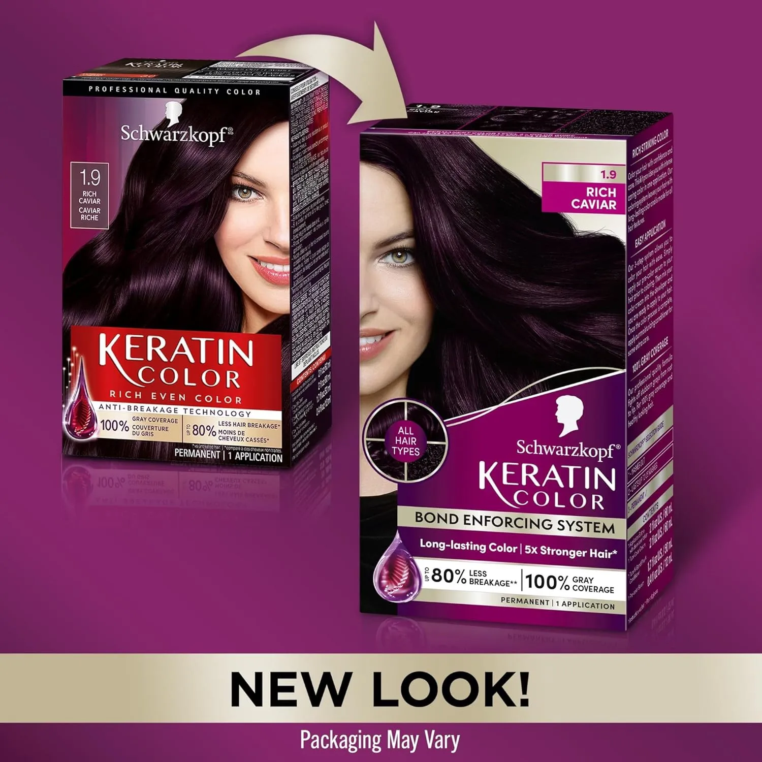 Schwarzkopf Keratin Color Permanent Hair Color, 1.9 Rich Caviar, 1 Application - Professionally Inspired Permanent Hair Dye, for up to 80% Less Breakage vs Untreated Hair and up to 100% Gray Coverage