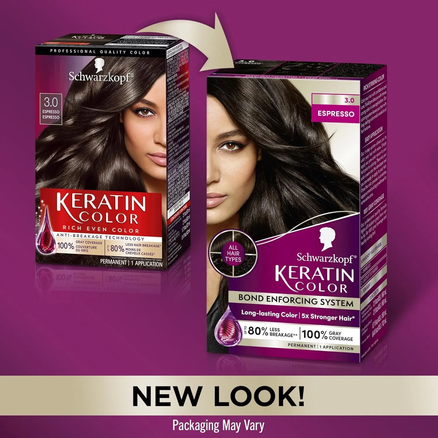 Schwarzkopf Keratin Color Permanent Hair Color, 3.0 Espresso, 1 Application - Professionally Inspired Permanent Hair Dye, for up to 80% Less Breakage vs Untreated Hair and up to 100% Gray Coverage