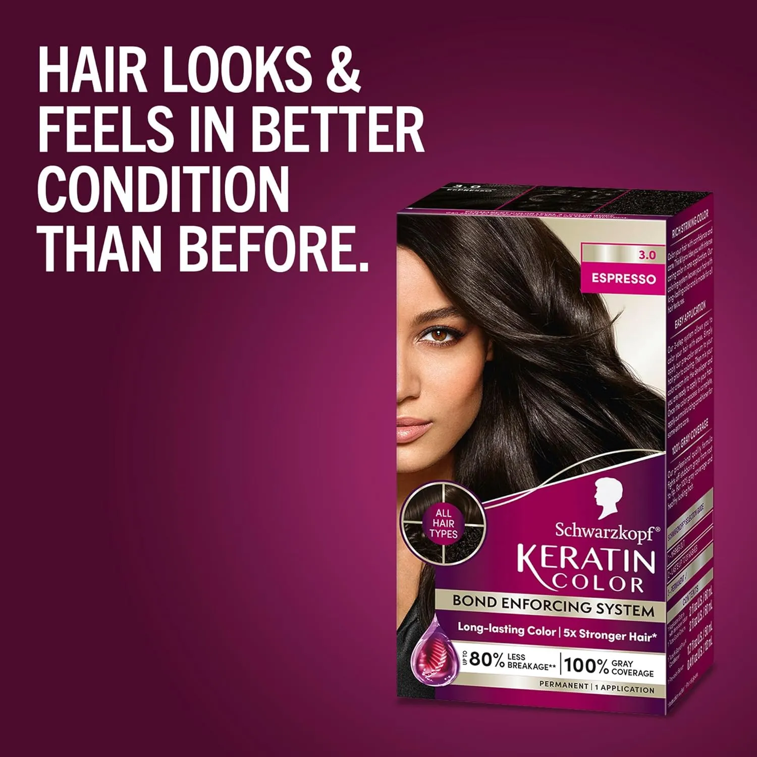 Schwarzkopf Keratin Color Permanent Hair Color, 3.0 Espresso, 1 Application - Professionally Inspired Permanent Hair Dye, for up to 80% Less Breakage vs Untreated Hair and up to 100% Gray Coverage