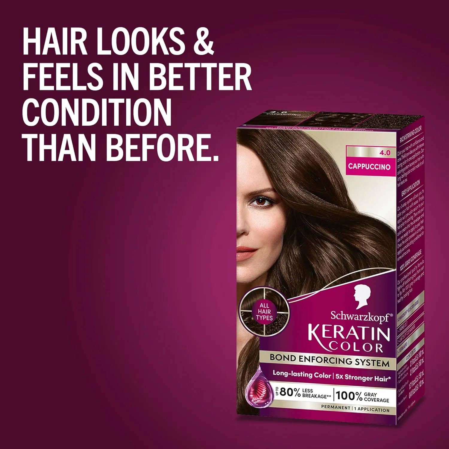 Schwarzkopf Keratin Color Permanent Hair Color, 4.0 Cappuccino, 1 Application - Professionally Inspired Permanent Hair Dye, for up to 80% Less Breakage vs Untreated Hair and up to 100% Gray Coverage