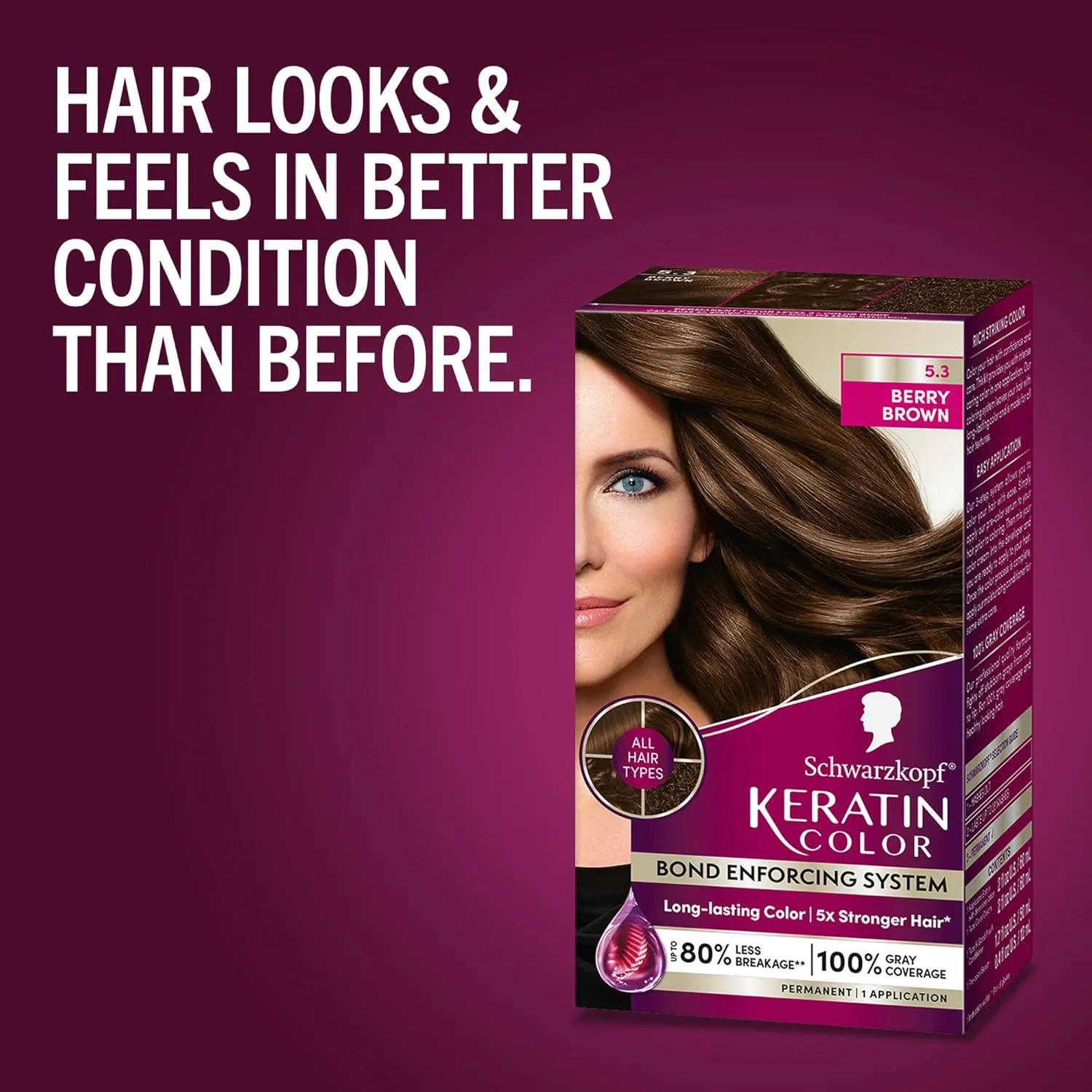 Schwarzkopf Keratin Color Permanent Hair Color, 5.3 Berry Brown, 1 Application - Salon Inspired Permanent Hair Dye, for up to 80% Less Breakage vs Untreated Hair and up to 100% Gray Coverage