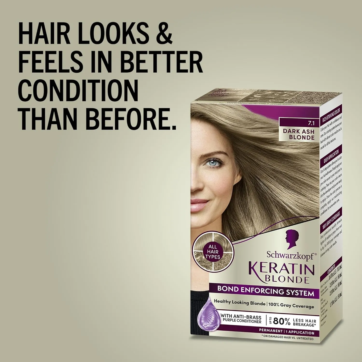 Schwarzkopf Keratin Color Permanent Hair Color, 7.1 Dark Ash Blonde, 1 Application - Professionally Inspired Permanent Hair Dye, for up to 80% Less Breakage vs Untreated Hair and up to 100% Gray Coverage