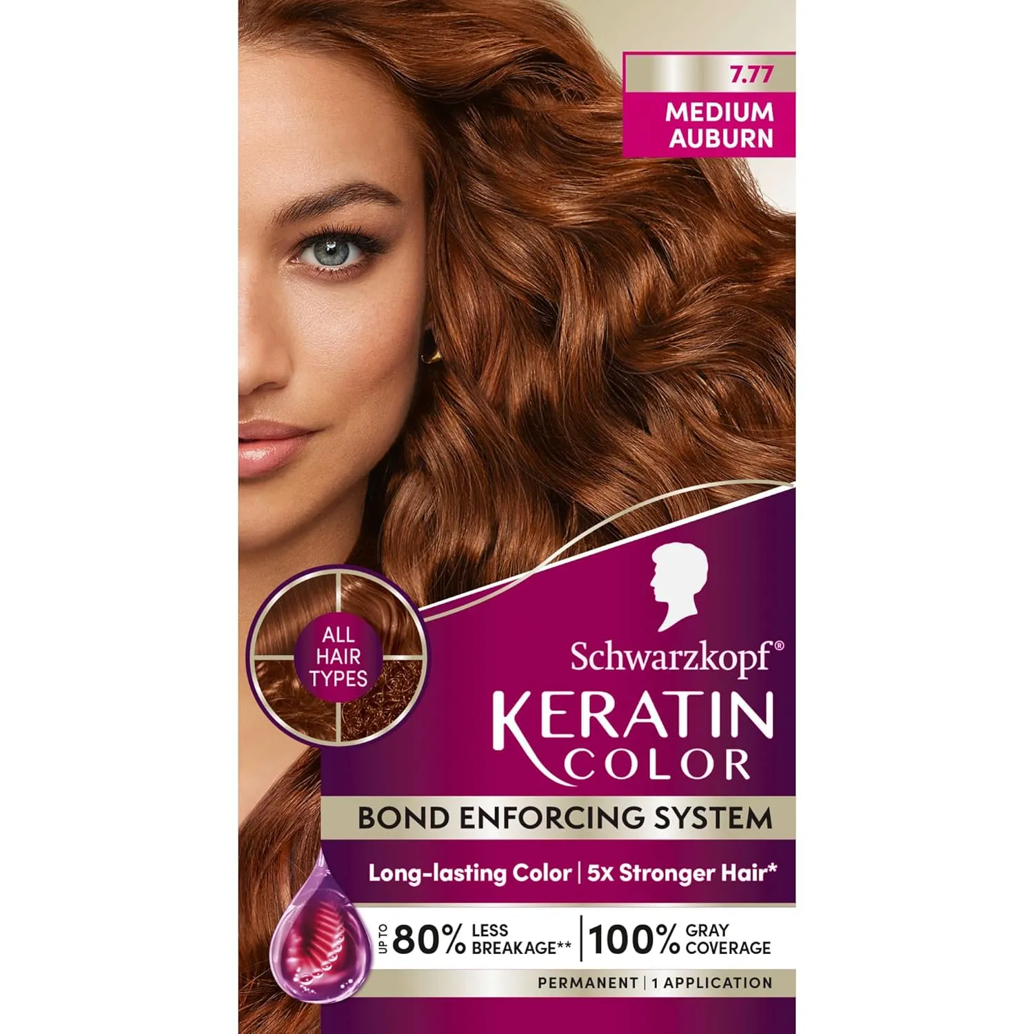 Schwarzkopf Keratin Color Permanent Hair Color, 7.7 Medium Auburn - Professional Quality Permanent Hair Dye, Up to 100% Gray Coverage - 1 Application