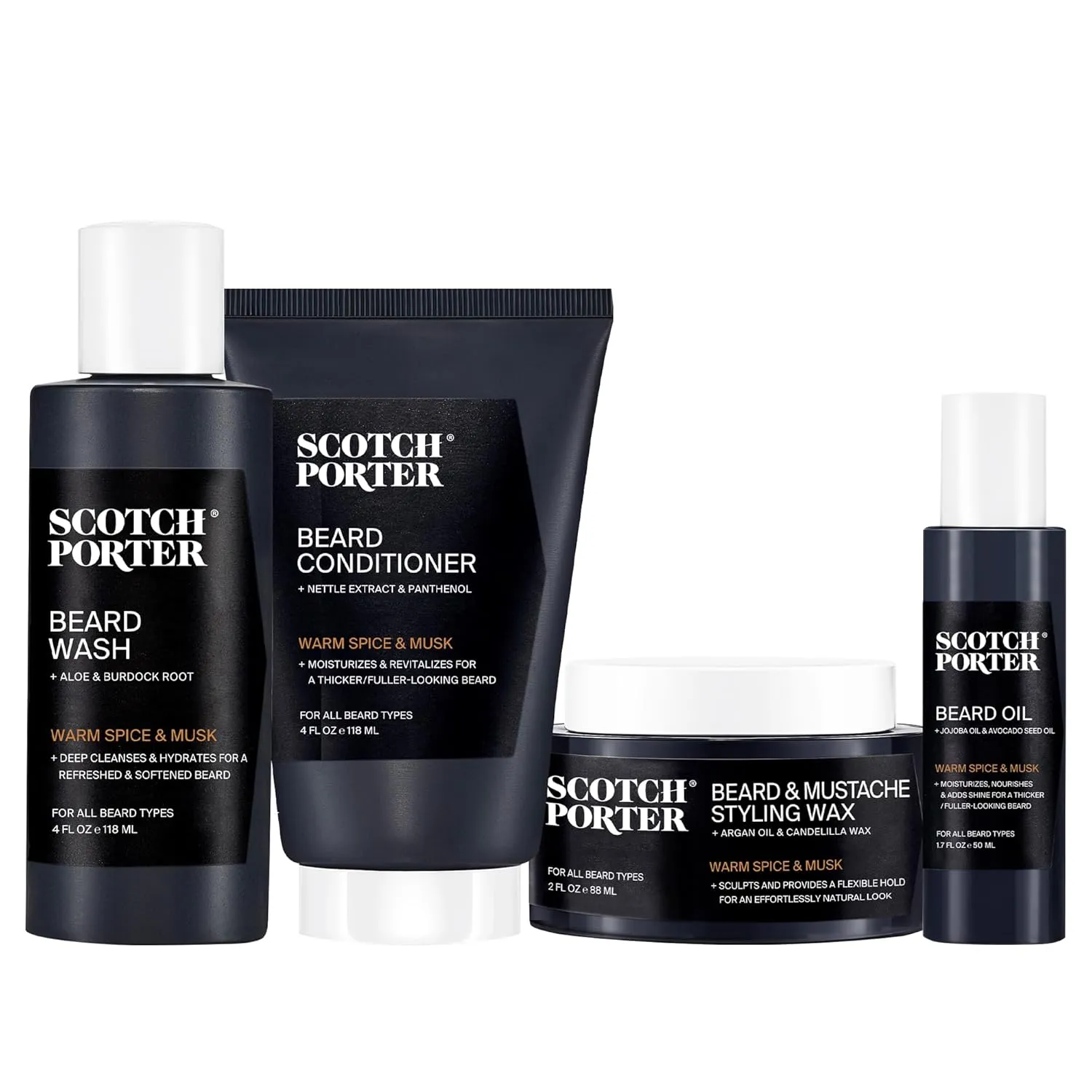 Scotch Porter Beard Hydration Goals Bundle – Cleanse, Moisturize, Condition, Style & Add Shine to Dry Hair – Includes Wash 4 oz, Conditioner 4 oz, Oil 1.7 oz & Wax 2 oz