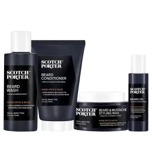 Scotch Porter Beard Hydration Goals Bundle – Cleanse, Moisturize, Condition, Style & Add Shine to Dry Hair – Includes Wash 4 oz, Conditioner 4 oz, Oil 1.7 oz & Wax 2 oz