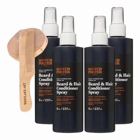 Scotch Porter Leave In Hair Conditioner For Men, 8 Oz - Hydrating Beard Spray Conditioner With Coconut & Avocado | Bundled With Wooden Comb - Mens Leave In Hair Conditioner (Pack of 4)