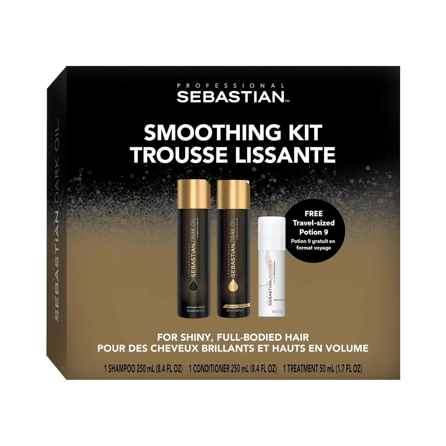 Sebastian Professional Dark Oil Lightweight Shampoo & Conditioner 8.4 fl oz, and Trial Size Potion 9 Leave-in Styling Treatment, 1.7 fl oz | Smoothing Trio Kit for Smooth, Shiny Hair