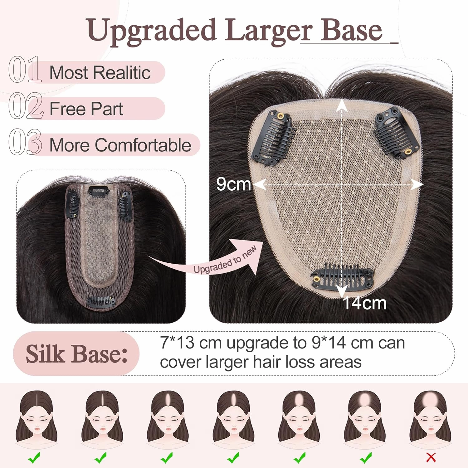 SEGO Hair Toppers for Women Real Human Hair Large Full Silk Base 9 * 14 cm Free Part No Bangs 150% Density Clip In Topper Hairpieces for Women with Thinning Hair -14 Inch #1B Natural Black