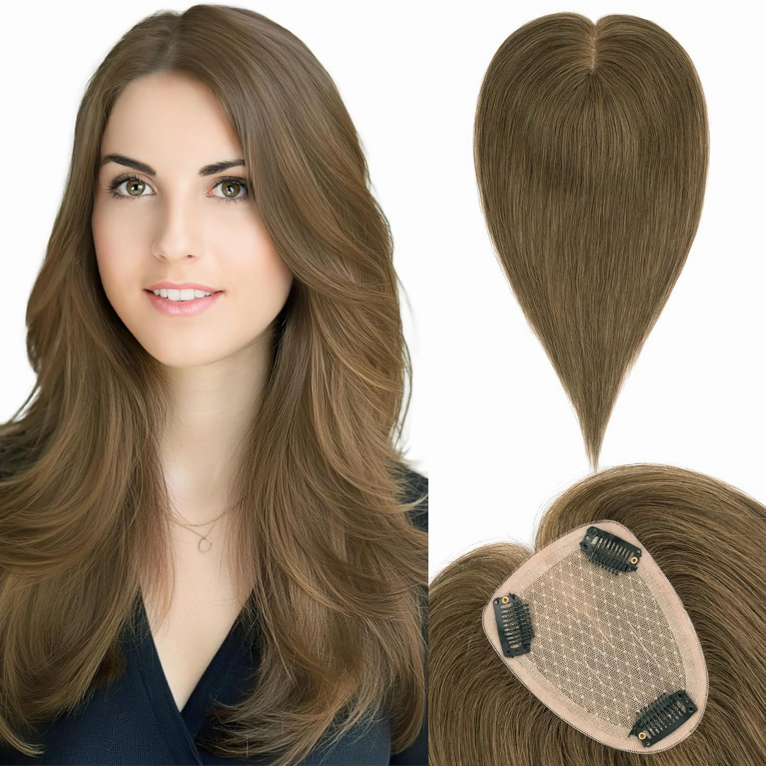 SEGO Hair Toppers for Women Real Human Hair Large Full Silk Base 9 * 14 cm Free Part No Bangs 150% Density Clip In Topper Hairpieces for Women with Thinning Hair -14 Inch #4Y Medium Neutral Brown