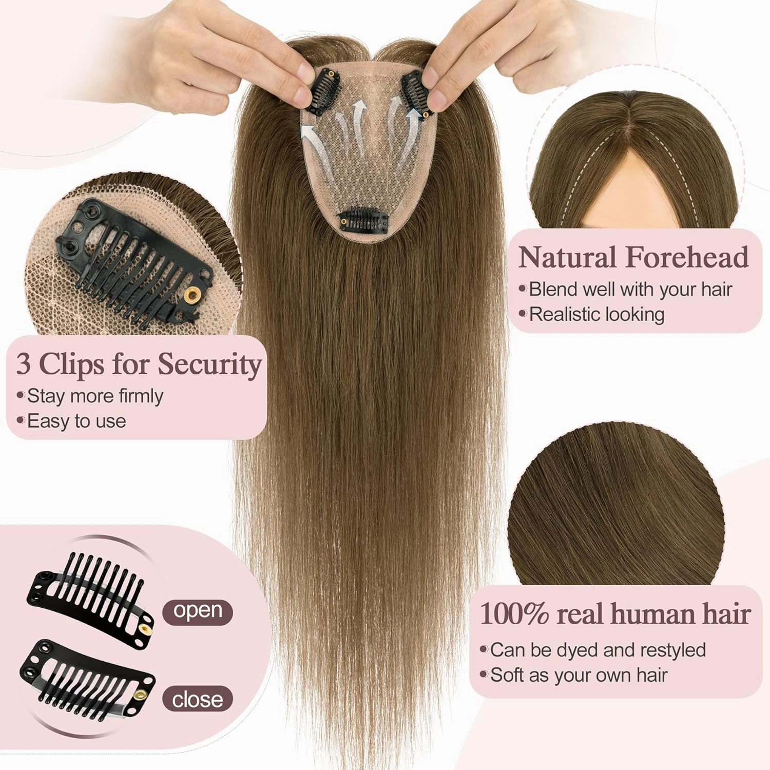 SEGO Hair Toppers for Women Real Human Hair Large Full Silk Base 9 * 14 cm Free Part No Bangs 150% Density Clip In Topper Hairpieces for Women with Thinning Hair -14 Inch #4Y Medium Neutral Brown