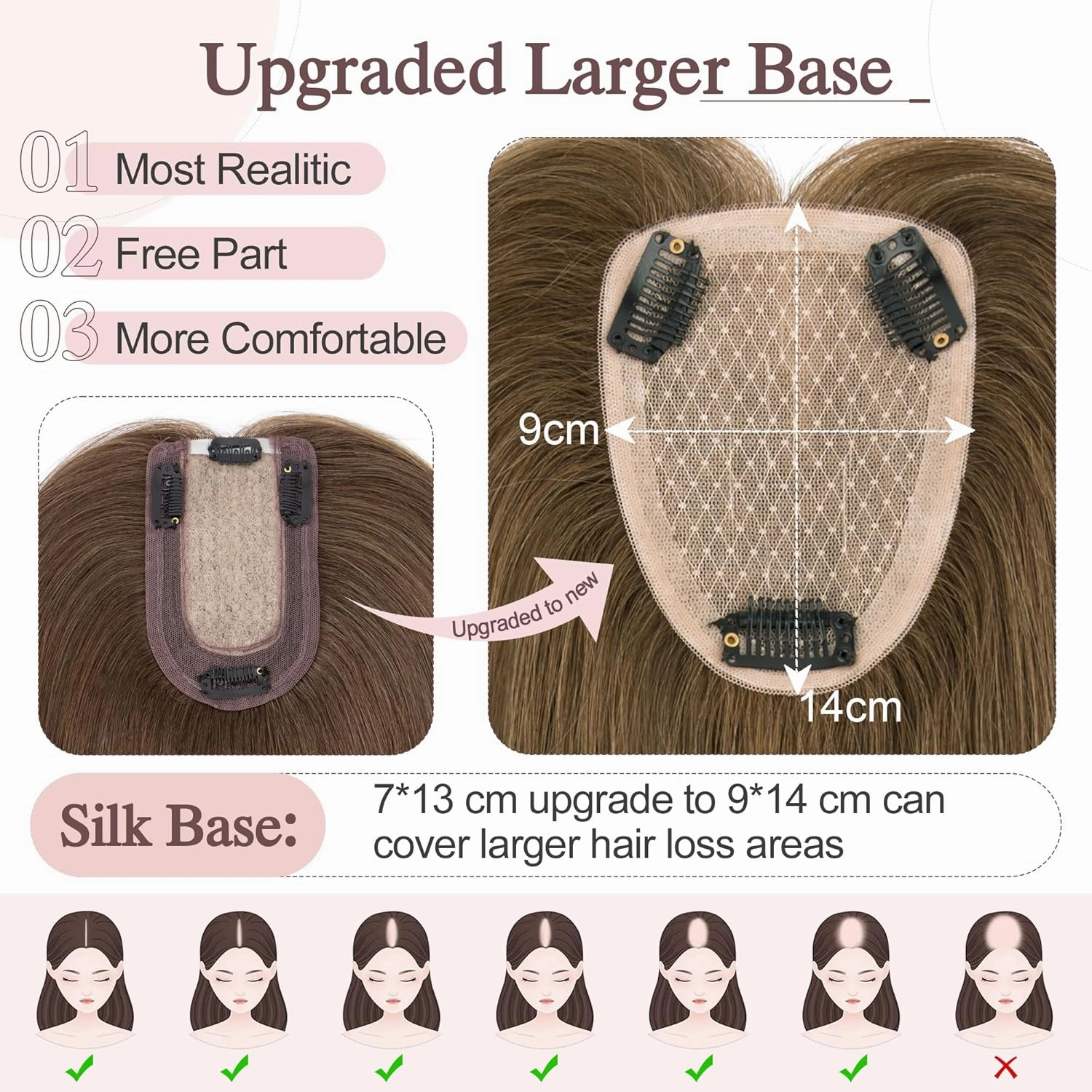 SEGO Hair Toppers for Women Real Human Hair Large Full Silk Base 9 * 14 cm Free Part No Bangs 150% Density Clip In Topper Hairpieces for Women with Thinning Hair -14 Inch #4Y Medium Neutral Brown