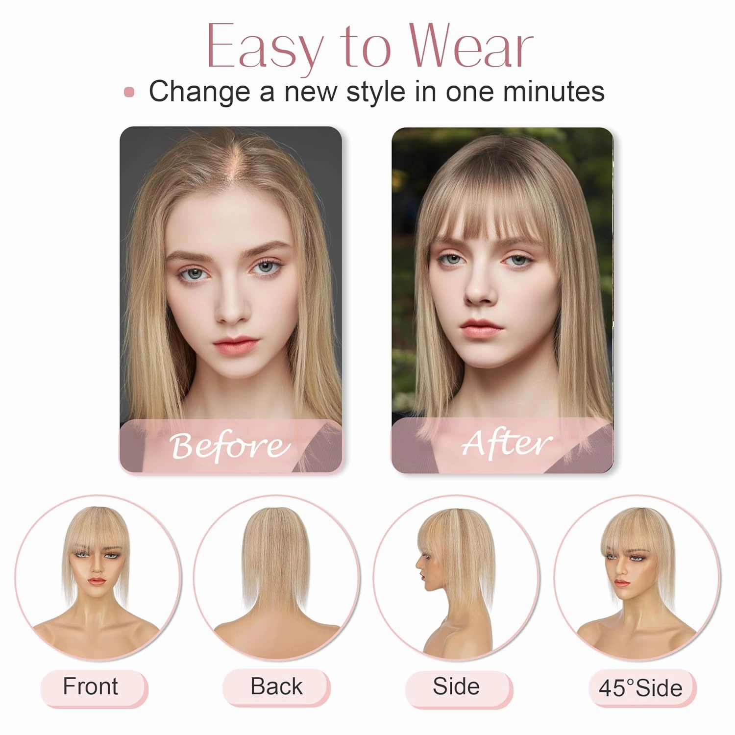 SEGO Hair Toppers for Women Real Human Hair with Bangs Mono Base 10 Inch Clip In Bangs Wiglets Topper Hair Pieces for Women with Thinning Hair /12P613 Golden Brown&Bleach Blonde