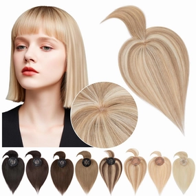 SEGO Hair Toppers for Women Real Human Hair with Bangs Mono Base 10 Inch Clip In Bangs Wiglets Topper Hair Pieces for Women with Thinning Hair /12P613 Golden Brown&Bleach Blonde