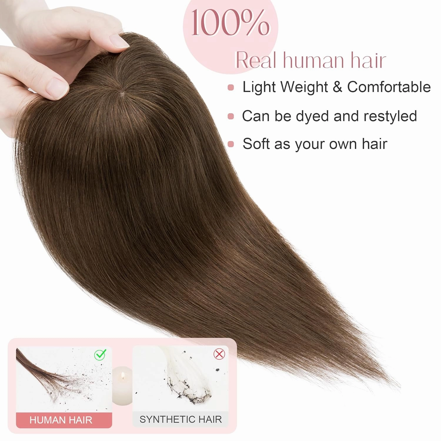 SEGO Hair Toppers for Women With Bangs - Real Human Hair, Mono Base, 14 Inch Clip In Wiglets for Thinning Hair - 4Y Medium Neutral Brown