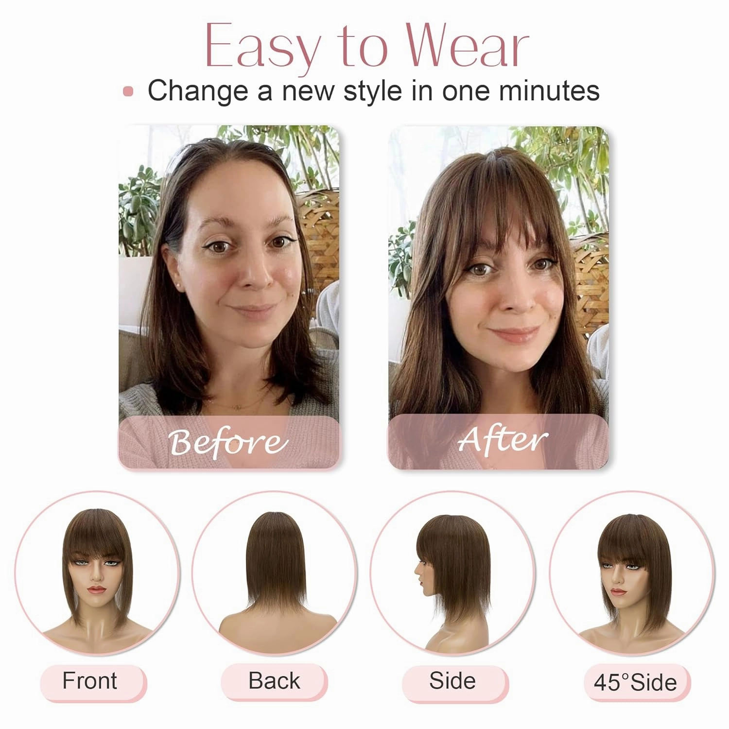 SEGO Hair Toppers for Women With Bangs - Real Human Hair, Mono Base, 14 Inch Clip In Wiglets for Thinning Hair - 4Y Medium Neutral Brown