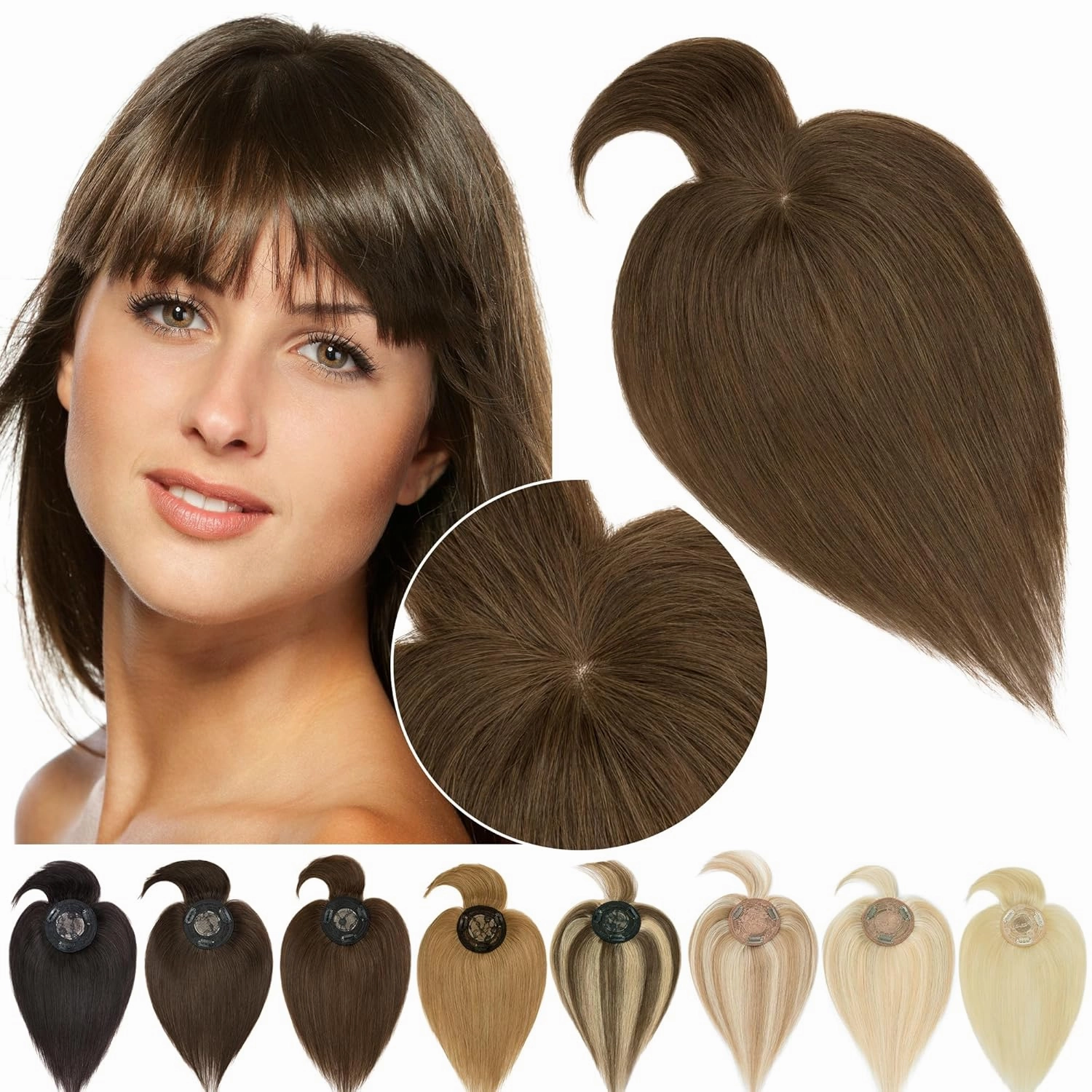 SEGO Hair Toppers for Women With Bangs - Real Human Hair, Mono Base, 14 Inch Clip In Wiglets for Thinning Hair - 4Y Medium Neutral Brown